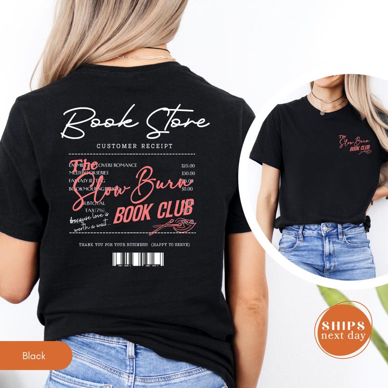 The image is a black t-shirt with text and logos, including a customer receipt and a book club. The text on the t-shirt is in white and red colors.