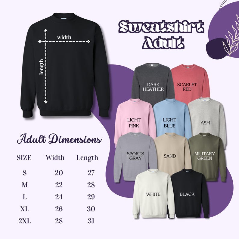 sweatshirts with measurements for adults and children