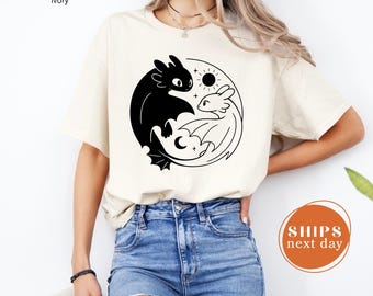 Comfort Colors Toothless And Light Fury Shirt, Cute Dragon Lover Tee, Fantasy Graphic T-Shirt, Dragon Movie Fan Top, Women Top, Cool Dragon