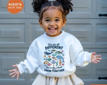 We Swim Together School Sweatshirt, Ocean Fish Diversity Crewneck, Inclusion Teacher Sweater
