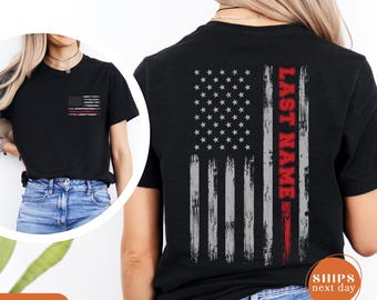 Comfort Colors Custom Last Name Firefighter Shirt, Personalized Fireman Gift, Red Line Flag Tee