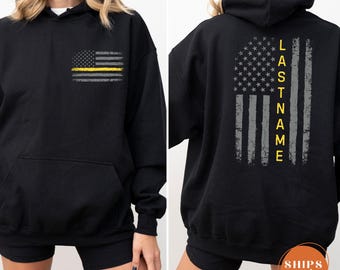 Custom 911 Dispatcher Sweatshirt, Thin Gold Line Flag Hoodie, Telecommunicator Operator Week Gift Pullover