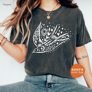 Celestial Bird Shirt, Flying Bird Moon Stars Tee, Boho Folk Art T-Shirt, Vintage Distressed Graphic Tee, Night Sky Bird Shirt, Boho Apparel