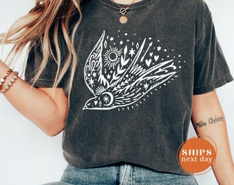 Celestial Bird Shirt, Flying Bird Moon Stars Tee, Boho Folk Art T-Shirt, Vintage Distressed Graphic Tee, Night Sky Bird Shirt, Boho Apparel