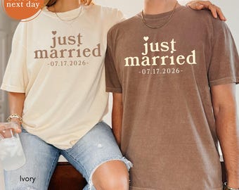 Comfort Colors Just Married Shirt With Date, Custom Couple Tee, Personalized Newlywed Honeymoon Outfit Graphic Top