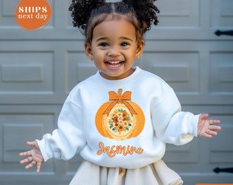 Custom Kid Fall Name Sweatshirt, Pumpkin Autumn Toddler Crewneck, Cute Girls Seasonal Sweater