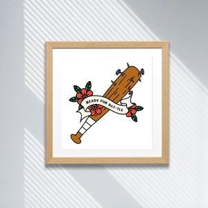 May include: A brown baseball bat with nails and a white ribbon that says "Ready for Bat-tle" with red flowers on either side.