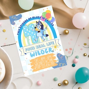 Four Real Life: Inviti per il 4° compleanno ispirati a Bluey / Inviti stampabili / Modello Canva modificabile / Download digitale / Cartone animato / Ragazzo