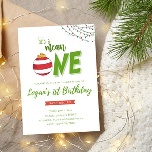 He&#39;s A Mean One: 1st Birthday | Printable Invitations | Editable Canva Template | Digital Download | Grinch | December | Christmas