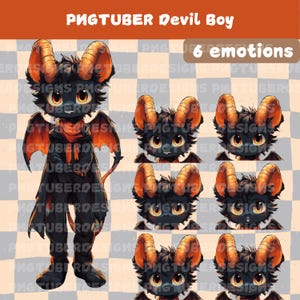 May include: Illustration of a cartoon devil character with black fur, orange horns, and wings. The image includes the text "PNGTUBER Devil Boy" and "6 emotions". The character has a red scarf and cape, with multiple facial expressions.
