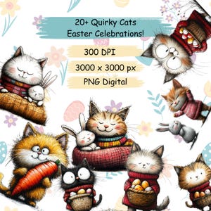 20+ Quirky Cat clipart PNG Whimsical Cats Kitten Sublimation clip art cute animals Whimsy graphics Funny Easter illustrations Cat lover