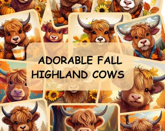 Acuarela Otoño Highland Vacas Clipart, 15 PNG Otoño Clipart, Calabaza Clipart, Animal bebé, Otoño Highland Vaca Clipart Paquete, Uso Comercial