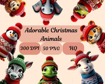 50 Adorable Cartoon Christmas Animals PNG Set | Cute Holiday Animals in Festive Jumpers | Perfect for Cards, Crafts, and Decorations