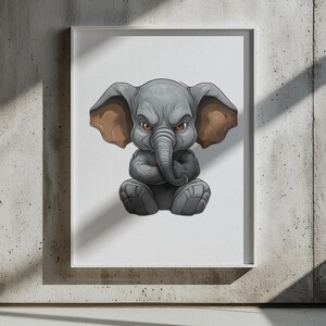 May include: A cartoon illustration of a gray elephant with brown ears, looking angry with its arms crossed. The elephant is sitting on a white background.