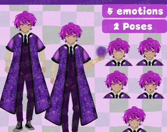 Galaxy Magic Boy - Anime, Chibi, Kawaii, Risorsa predefinita per lo streaming Twitch, Modello PNGTuber, Vtuber, Veadomini, Veadotube, 6 emozioni