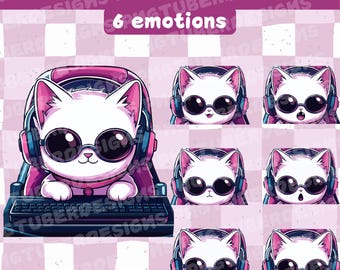 May include: A white cat wearing pink headphones and sunglasses is sitting in front of a keyboard. The cat has six different expressions: happy, surprised, tongue out, wink, sad, and angry. The text "Streamer Cat" and "6 emotions" is above the cat.