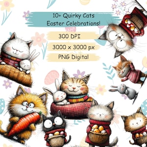 12+ Quirky Cat clipart PNG Whimsical Cats Kitten Sublimation clip art cute animals Whimsy graphics Funny Easter illustrations Cat lover