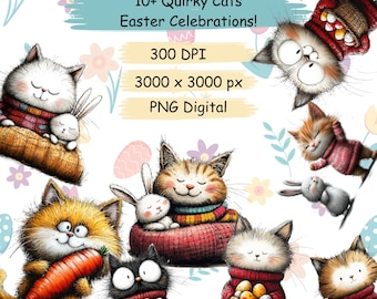 12+ imágenes prediseñadas de gatos extravagantes PNG Gatos caprichosos Gatito Sublimación imágenes prediseñadas Animales lindos Gráficos extravagantes Ilustraciones divertidas de Pascua Amante de los gatos