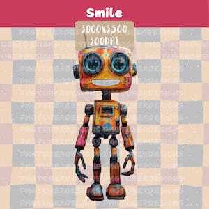 May include: A colorful, vintage-style robot illustration. The robot has a square head with large, blue eyes and a smiling mouth. The body is orange and yellow with a few colorful accents. The word "Smile" is at the top.