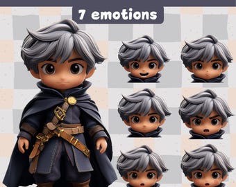 Fantasy Warrior Boy - Anime, Chibi, Kawaii, Premade Twitch Stream Asset, PNGTuber Model, Vtuber, Veadomini, Veadotube, 7 emotions
