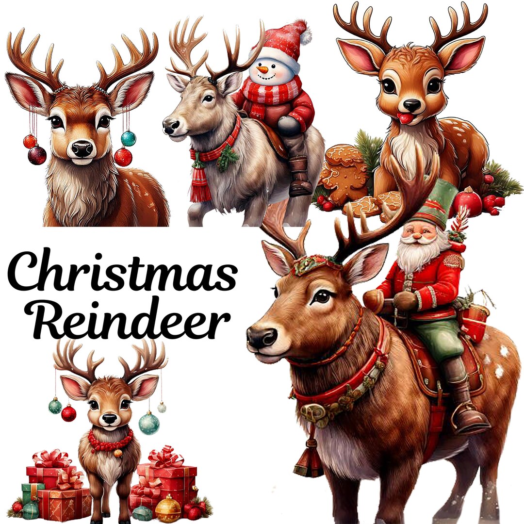 20 Cute Reindeer PNG Clipart Set, Christmas Deer, Watercolor Santa ...
