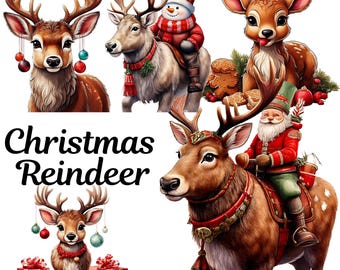 20 cute Reindeer PNG Clipart Set, Christmas Deer, Watercolor Santa reindeer graphics, Christmas Clipart, Christmas cards, sublimation design