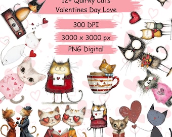 12+ Quirky Cat clipart PNG Whimsical Cats Kitten Sublimation clip art cute animals Whimsy graphics Funny Valentines illustrations Cat lover