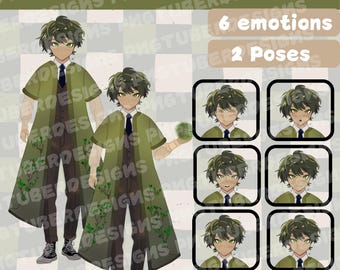 Earth Magic Boy - Anime, Chibi, Kawaii, Risorsa preimpostata per lo streaming Twitch, Modello PNGTuber, Vtuber, Veadomini, Veadotube, 6 emozioni