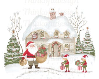 Christmas Woodland Santa & Reindeer PNG, Winter Sublimation Design, Christmas Card Design, Santa Sack Design,Instant Digital Download