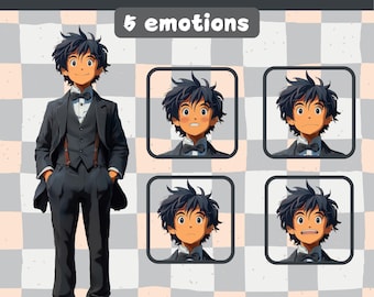 Fancy Suit Boy PNGTuber - Anime, Chibi, Kawaii, Premade Twitch Stream Asset, PNGTuber Model, Vtuber, Veadomini, Veadotube, 5 emotions, ready