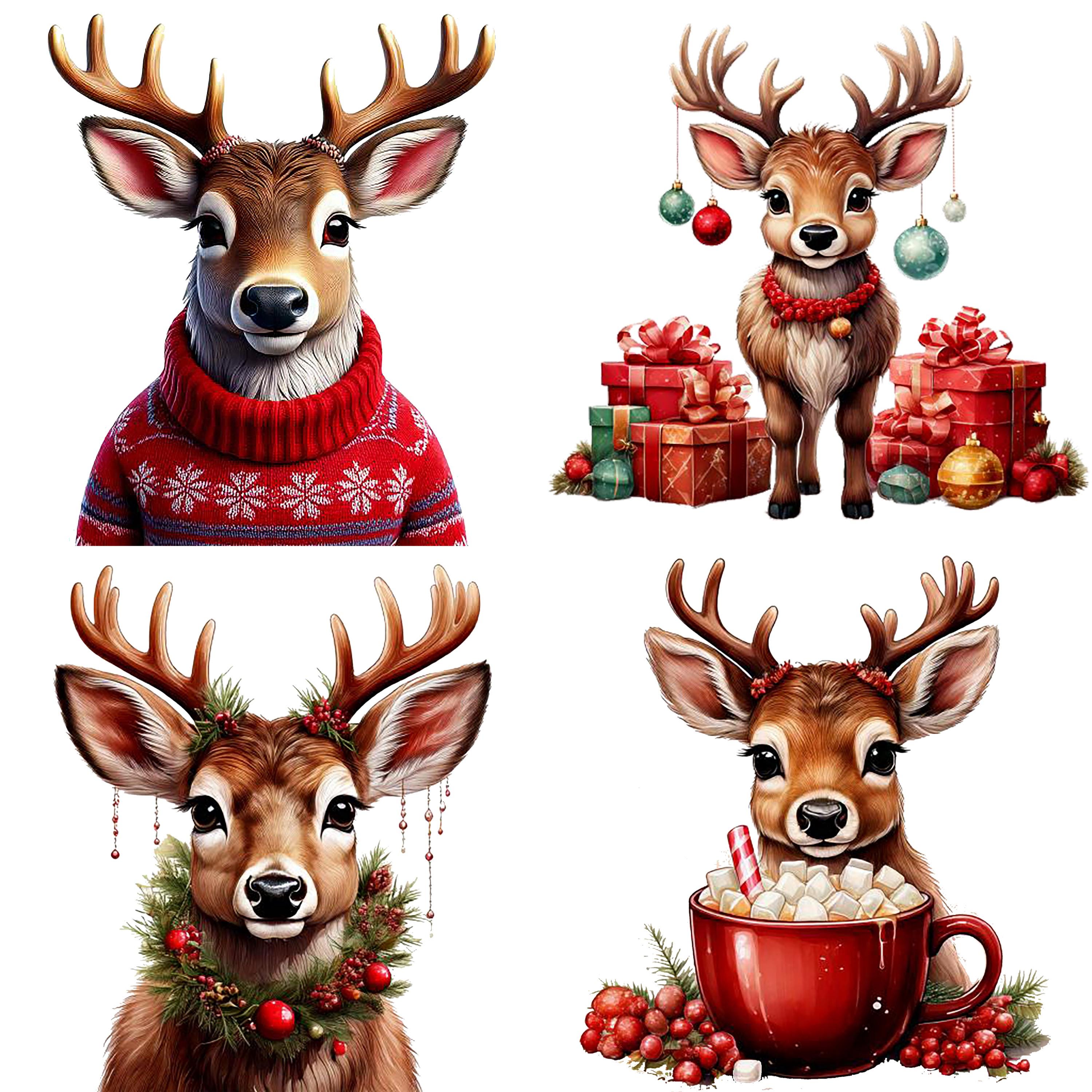 20 Cute Reindeer PNG Clipart Set, Christmas Deer, Watercolor Santa ...