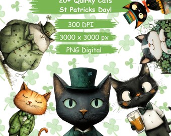 Quirky Cat clipart PNG Whimsical Cats Kitten Sublimation clip art animals Whimsy graphics Funny elongated illustrations St Patrick's Day