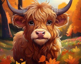 Acuarela Otoño Highland Vacas Clipart, 15 PNG Otoño Clipart, Calabaza Clipart, Animal bebé, Otoño Highland Vaca Clipart Paquete, Uso Comercial