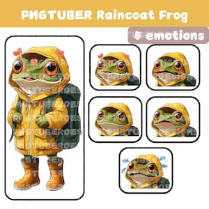 May include: A digital illustration of a green frog wearing a yellow raincoat, boots, and a backpack. The image includes the text "PNGTUBER Raincoat Frog" and five different frog emotions.