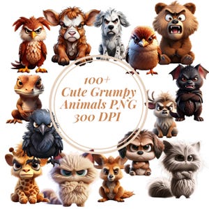 Lustige mürrische Tiere Sammlung Clipart, 100+ PNG lustige mürrische Safari Tiere Clipart, Cartoon Haustier Drucke Bundle, kommerzielle Nutzung