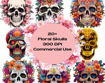 Paquete de más de 20 imágenes prediseñadas de calaveras florales, diseños de calaveras png, imágenes prediseñadas florales, flores, gráficos de polillas, fondo transparente, uso comercial