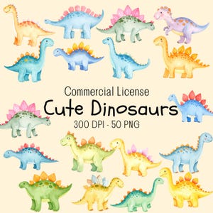 Clipart de dinosaurio de dibujos animados en acuarela, 50 imágenes PNG de dinosaurios bebés, decoración para fiesta de cumpleaños de dinosaurios, dinosaurios adorables, descarga instantánea