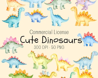 Aquarel cartoon dinosaurus clipart, 50 png baby dinosaurus clipart, decor van de verjaardagspartij van Dino, schattige dinosaurussen, Instant Download