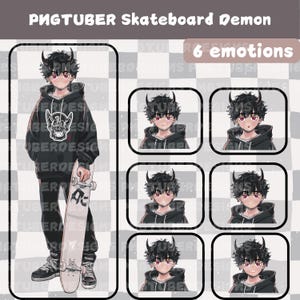 May include: Illustration of a character labeled "PIGTUBER Skateboard Demon" with six different facial expressions. The main image shows the character in a black hoodie holding a skateboard. The skateboard is white with black text.