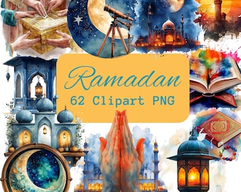 Può includere: Una collezione di 62 immagini clipart ad acquerello con temi del Ramadan. Le immagini includono una luna crescente, una moschea, una lanterna, un libro, mani in preghiera e altri simboli islamici.