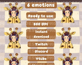 Könnte beinhalten: Ein Satz von sechs digitalen Illustrationen eines Cartoon-Giraffe-Jungen mit verschiedenen Gesichtsausdrücken. Der Junge trägt einen gelben Hoodie mit braunen Flecken. Die Illustrationen sind mit "6 Emotionen" beschriftet.
