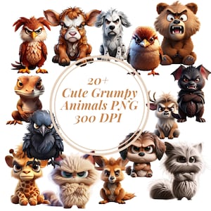 Funny Grumpy Animals Collection Clipart, 20+ PNG Funny Grumpy Safari Animals Clipart, Cartoon Pet Prints Bundle, Commercial Use
