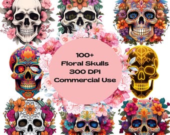 Paquete de más de 100 imágenes prediseñadas de calaveras florales, diseños de calaveras png, imágenes prediseñadas florales, flores, gráficos de polillas, fondo transparente, uso comercial