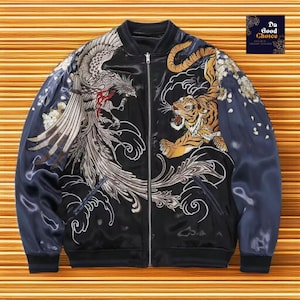 Embroidered Phoenix Tiger Vegan Minimalist Jacket: Harajuku Streetwear Bomber