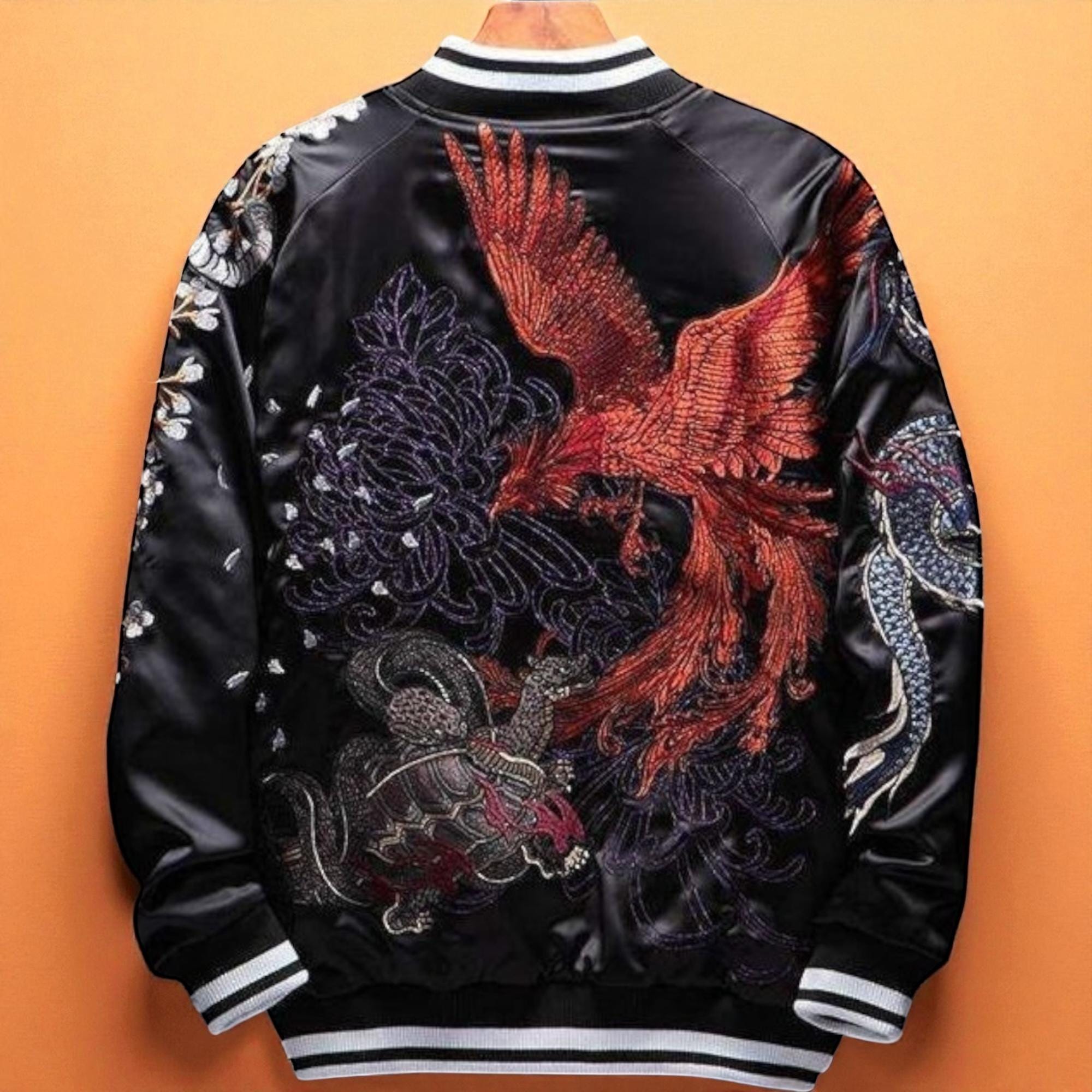 Vegan Sukajan Jacket With Phoenix Embroidery, Minimalist Japanese