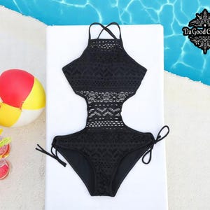 Sexy Black Lace Monokini One Piece Swimsuit – Halter Bodysuit Bathing Suit, Minimalist Beachwear, Backless Vegan Swim, Festival Swimwear
