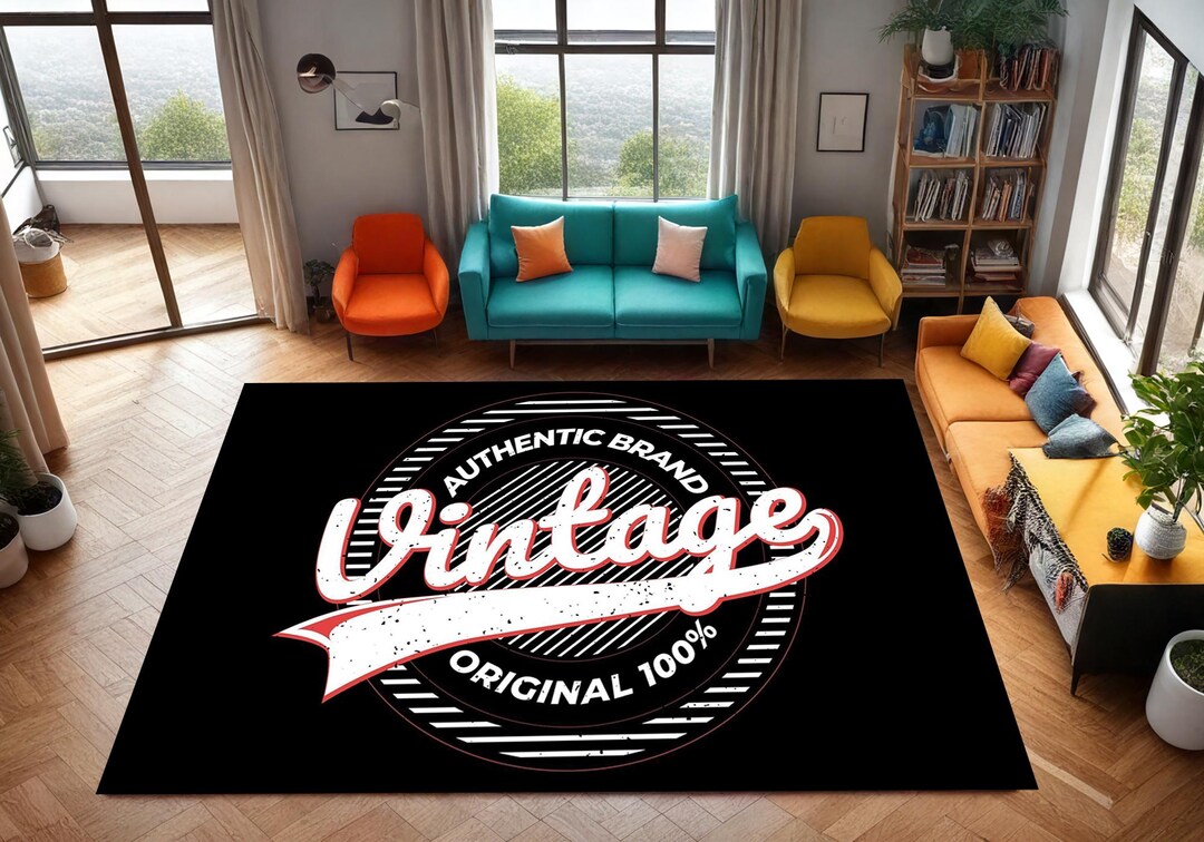 Black Rug, Living Room Rug, Guest Rug, White Written, Vintage Printed ...