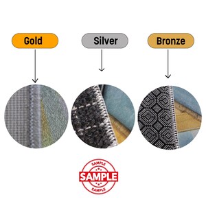 May include: Image showcasing three rug samples labeled "Gold", "Silver", and "Bronze". Each sample is a close-up of the rug's edge, revealing different textures and color palettes. A "SAMPLE" stamp is present.