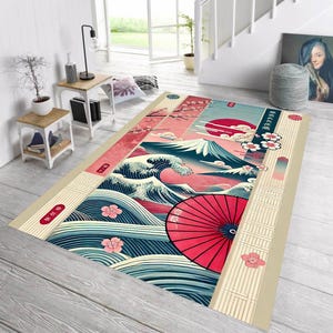 Japanese Motifs,Japanese Style Drawings Rug,Japanese Rug,Far East Rug,Japanese Decor,Japanese Floor Mat,Cool Area Rug,Traditional Rug