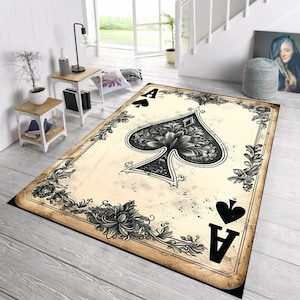 Tapis de cartes à jouer, décoration de salle de poker, style casino vintage, tapis de jeu de cartes, oeuvre d'art unique au sol, tapis design pique, décoration sur le thème du jeu, cadeau